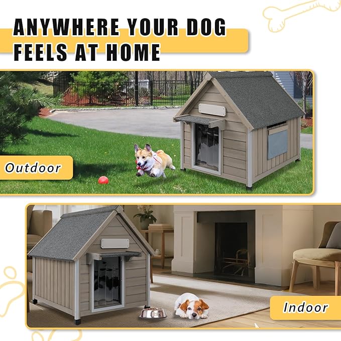 Small Dog House Indoor, Wooden Outdoor Dog House with Waterproof Roof, Chew-Proof Iron Frame, Doghouse Kennel Puppy Shelter for Small Medium Dogs, 26''x34.6''x32''