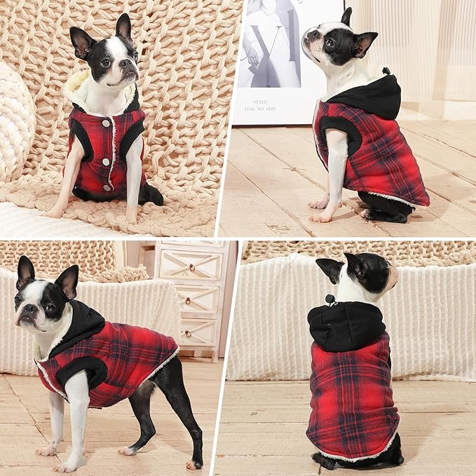 Fleece Lining Dog Hoodie for Small Dogs Extra Warm Plaid Sweater with Drawstring Hooded Coats in Winter Puppy Jacket,Red XS