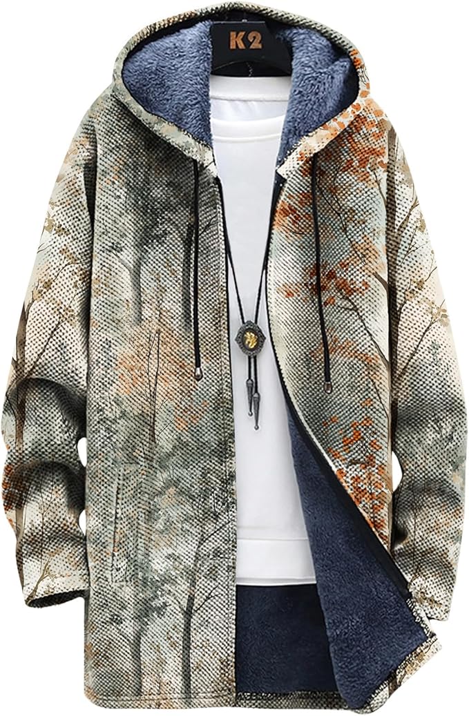 LIZALIG Long Hooded Cardigan Men Japanese Art Style Fashion Cool Graphic Coats Winter Warm Lined Fleece Jacket