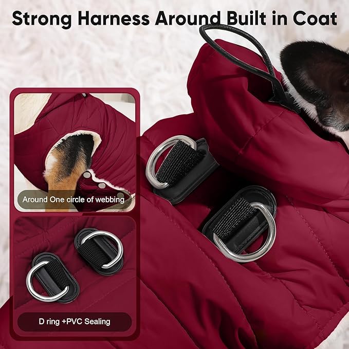 Fleece Lining Dog Hoodie with Harness Built in,Extra Warm Medium Dog Jacket in Winter Doggie Coats with Drawstring Hooded,Red XL