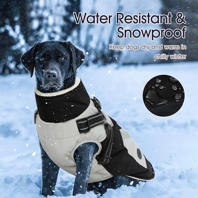IECOii Dog Jacket Winter Harness Built in -Black,XXXLarge- Zip Up Dog Coat Winter Clothes for Large Dogs Waterproof, Dogs Snowsuit Snow Jacket D-Rring Labrador German Shepherd Doberman Rottweiler