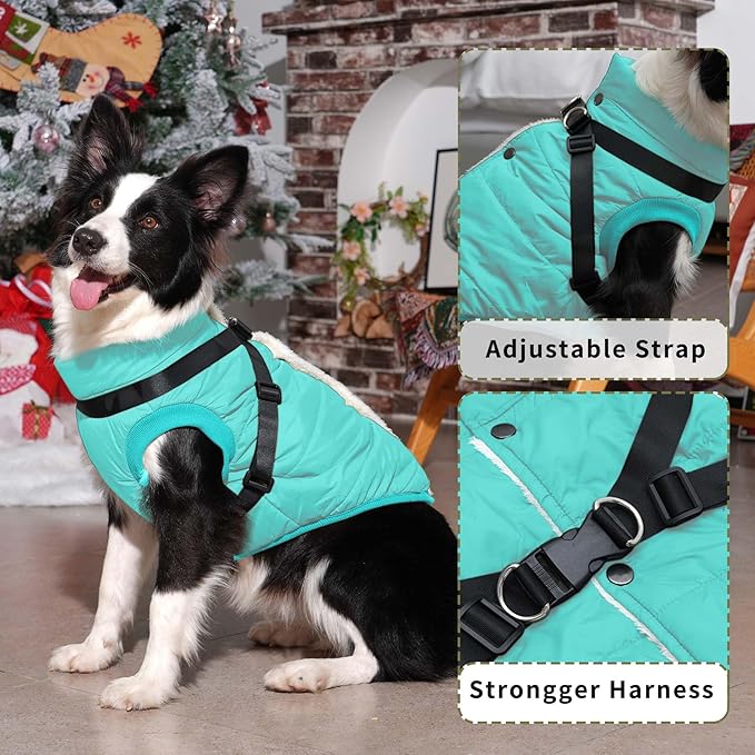 Dog Jacket with Harness,Fleece Lined Warm Puppy Coat for Winter,Soft Windproof Small Dog Vest,Bluegreen S