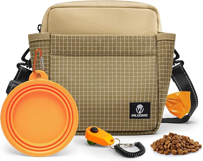 Large Capacity Dog Treat Pouch –Training Treat Bag with Magnetic Pocket, Built-in Poop Bag Holder, Clicker & Collapsible Bowl, Hands-Free Dog Walking Bag for Walking & Puppy Training - Khaki
