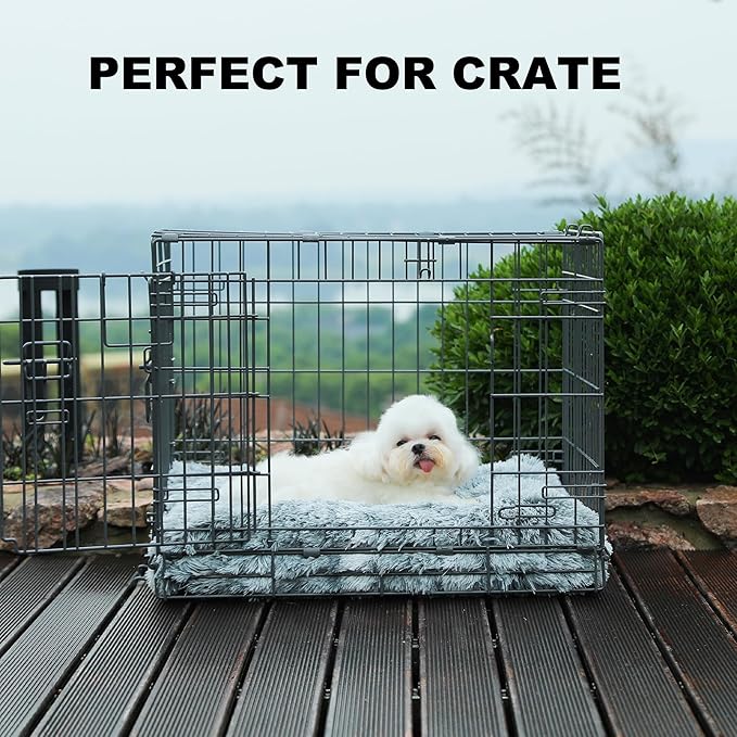 Bedfolks Waterproof Crate Bed, Plush Dog & Cat Bed with Removable Washable Cover, Faux Fur Kennel Pad, 23"x18", Dark Grey