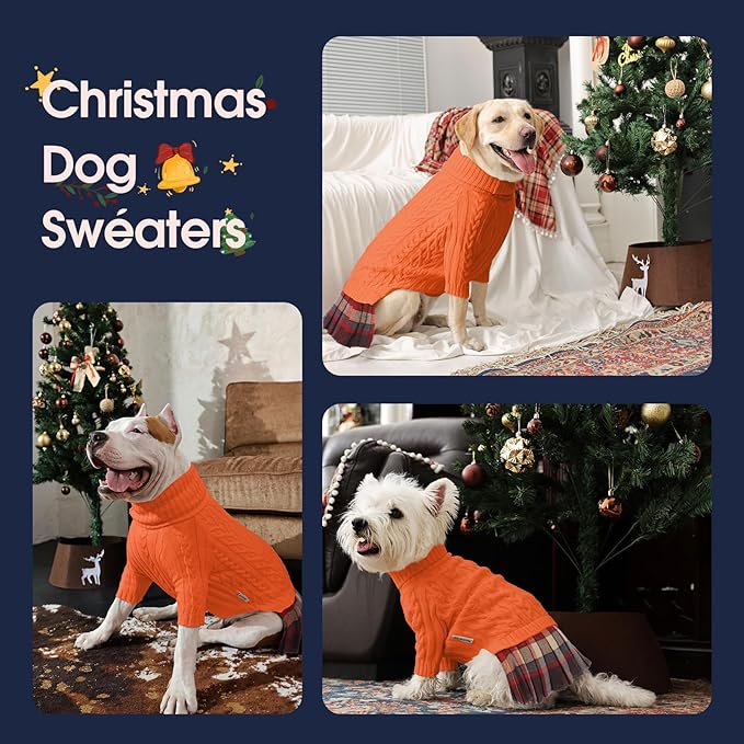 IECOii Girl XXXL Dog Sweater Dress, Girl Dog Sweaters for Extra Large Dogs Turleneck, Orange, XXXLarge, Thermal Warm Knitwear with Leash Hole, Adorable Cable Knit Sweater for Christmas & Thanksgiving