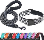 Reflective Dog Collar Padded with Soft Neoprene Breathable Adjustable Nylon Dog Collars for Small Medium Large Dogs (Small (Pack of 1), Black Plaid Collar+Leash)