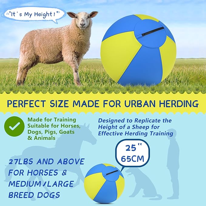 Herding Ball for Dogs and Horses - 25" Jolly Ball for Dogs, Agility Training Equipment, Herding for Australian/German Shepherd, Improved Bite-Resistant, Reinforced Sewing Dog Toys - Blue Large