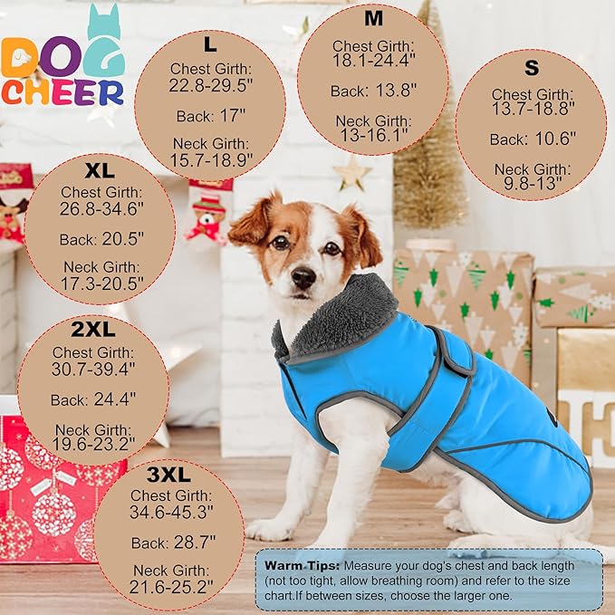 Dogcheer Dog Coat, Waterproof Dog Jacket Reflective Pet Winter Coat with Adjustable Hook & Loop, Christmas Puppy Fleece Jacket Warm Turtleneck Snowsuit for Small Medium Large Dogs - Sky Blue, XL