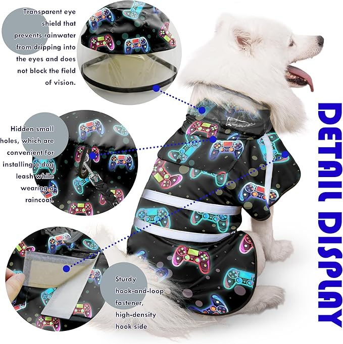 Dog Raincoat, Adjustable Rain Jacket with Hooded Double Layer for Large Medium Small Dogs Puppies, Lightweight Waterproof Rain Coat Poncho with Reflective Stripe Game Controller Black,XXL