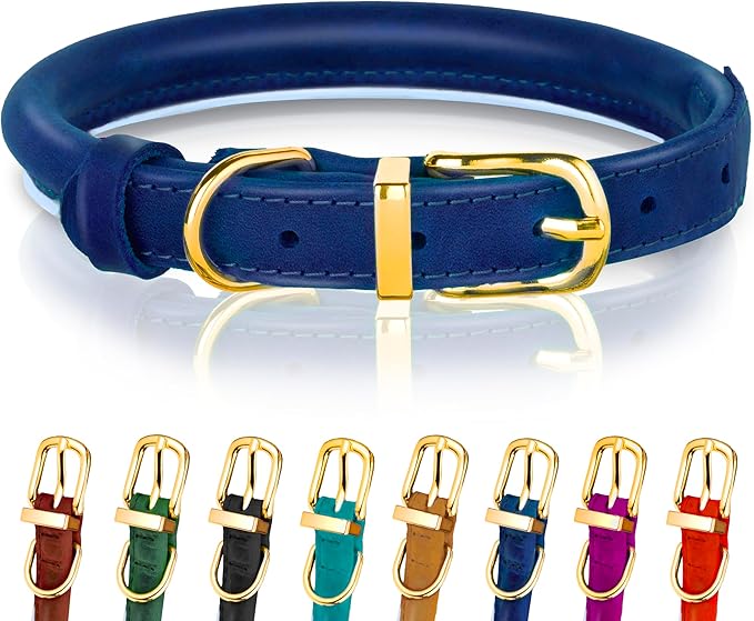 OOPSDOGGY Reflective Rolled Leather Dog Collar Adjustable Soft Padded Pet Collar for Small Medium Large Breed Dogs (Blue, S, 10"-13")