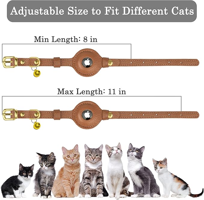 OOPSDOGGY Leather AirTag Cat Collar with Bell - Non Breakaway Kitten Collar with Apple Air Tag Holder - Lightweight GPS Pet Collars for Girl Boy Cats, Small Dogs, Puppies (Brown)