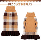 Dog Sweater Dress Plaid Knitwear for Small Medium Dogs Warm Puppy Pet Turtleneck Stretch Pullover Cute Fall Winter Vest Clothes with Leash Hole for Christmas (Coffee, L)