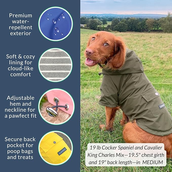 DJANGO Highland Dog Jacket & Raincoat – Water-Repellent, Lined Dog Coat with Hood, Adjustable Fit & Harness Hole – Lightweight Rain & Wind Jacket for Small & Medium Dogs up to 30 lbs (Blue, Medium)