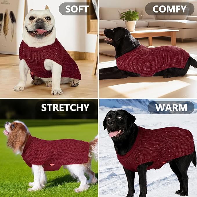 KYEESE Dog Sweater with Leash Hole Warm Pullover with Reflective Yarn for Small and Medium Dogs Male Soft Knit Pullover Boy Dog Coats Cozy Lightweight Thick Sweater,Dark Red,Large