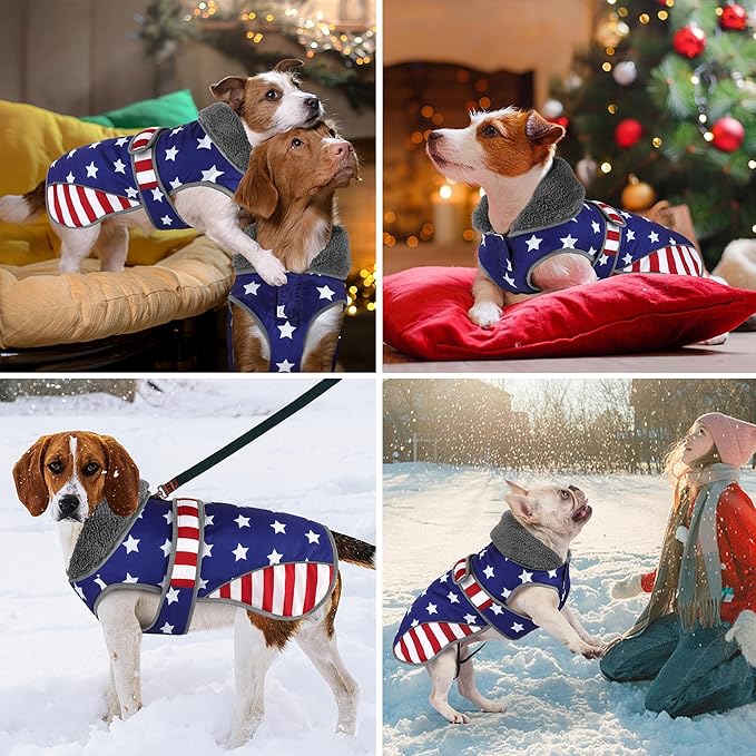 Dogcheer Dog Coat, American Flag Dog Jacket Waterproof Puppy Winter Coat for Cold Weather, Reflective Adjustable Pet Snow Jacket Fleece Sweater for Small Medium Large Dogs - USA Flag, XL