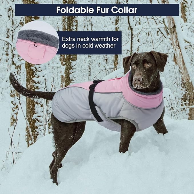 IECOii Extra Warm Dog Jackets for Large Dogs, Insulated Thermal Fleece Vest for Winter, Waterproof Reflective XL Dog Coat with Fur Collar, Windproof Cold Weater Clothes with Leash Hole, Pink, XL