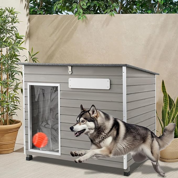 Dog House Outdoor & Indoor Wooden Dog Kennel for Medium to Large Dogs,43.6" L Natural Fir Wood Dog Houses with Weatherproof Roof,Removable Floors,Raised Feet