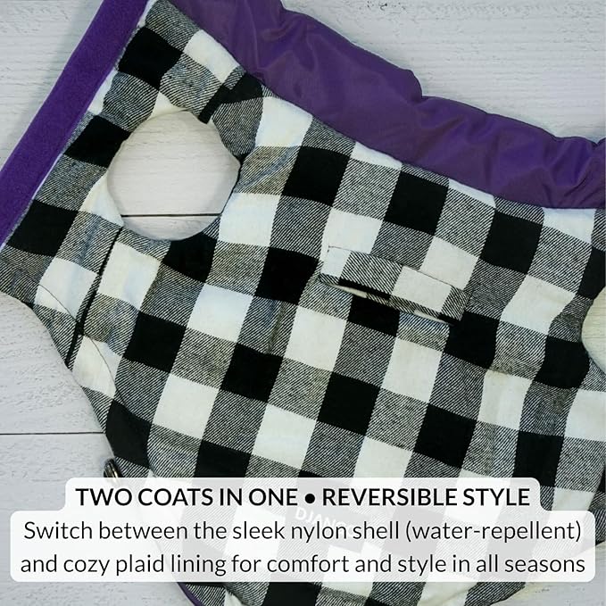 DJANGO Reversible Puffer Dog Coat – Warm Winter Dog Jacket & Water-Repellent Insulated Dog Coat w/Harness Hole, Windproof, Adjustable Fit for Small & Medium Dogs, Dachshunds – Violet Purple, X-Small