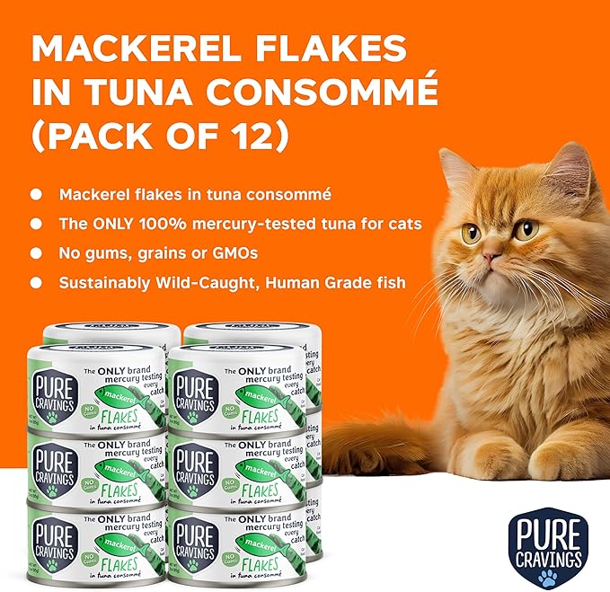 Pure Cravings Mackerel Flakes in Tuna Consommé, Canned Wet Cat Food Soup, 100% Mercury-Tested, Moist Can Fish, Grain-Free Protein, Non-GMO, 3oz, Pack of 12