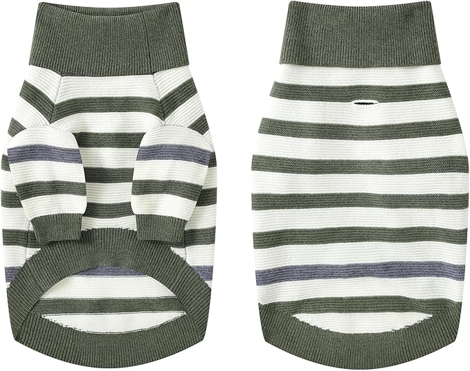 Small Dog Sweater, Knitted Striped Pullover Dog Clothes for Cold Weather, Thick Warm Cozy Stretchy Sweater for Chihuahua, Bulldog, Dachshund, Pug(Green & White Strip, L)
