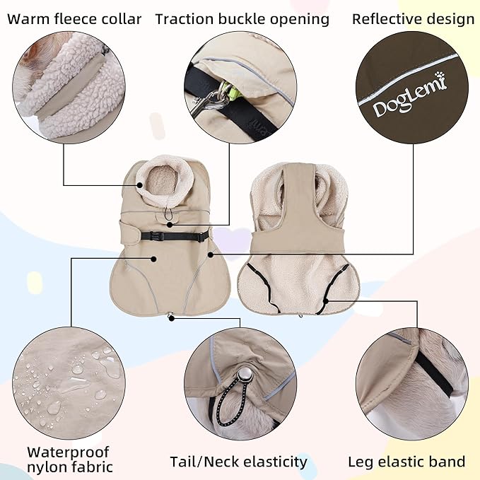 Adjustable Dog Coat with Harness Slot, Waterproof Fleece Lined Winter Jacket, Windproof Reflective Pet Vest for Cold Weather for Small Medium Large Dogs (Beige, Medium)