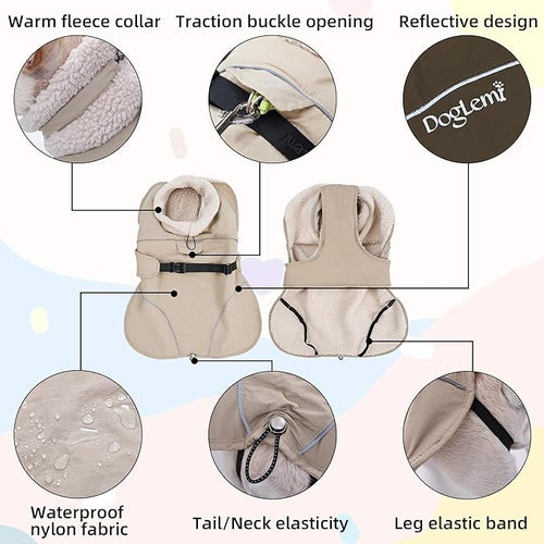 Adjustable Dog Coat with Harness Slot, Waterproof Fleece Lined Winter Jacket, Windproof Reflective Pet Vest for Cold Weather for Small Medium Large Dogs (Black, Large)