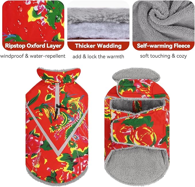 VIVAGLORY Snowrap Dog Coat, Jacket with Harness Hole & Velcro Closure, Dog Coat for Winter & Cold Weather, Fluffy Warm Fleece Lined Reflective Water Resistant for Puppy, XXS, Northeast Florals-Red