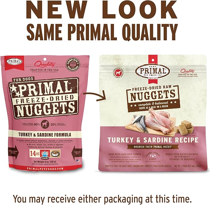 Primal Freeze Dried Raw Dog Food Nuggets, Turkey & Sardine, Complete & Balanced Meal, Also Use as Topper or Treat, Premium, Healthy, Grain Free, High Protein Raw Dog Food, 14 oz (Pack of 2)