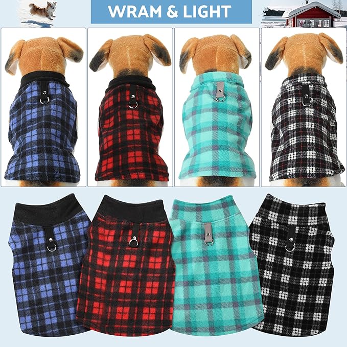 Weewooday 4 Pieces Winter Fabric Dog Sweaters with Leash Ring Soft Fleece Vest Pullover Pet Jacket Warm Dog Clothes Coats for Pet Puppy Cats Chihuahua(S(Neck:10.2-11” Chest:13.8-14.7”))