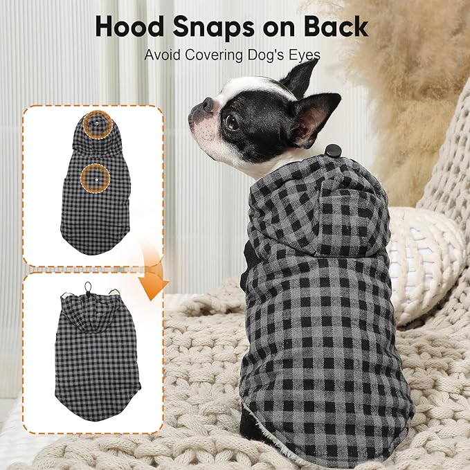 Fleece Lining Dog Hoodie for Small Dogs Extra Warm Plaid Sweater with Drawstring Hooded Coats in Winter Puppy Jacket,Black M