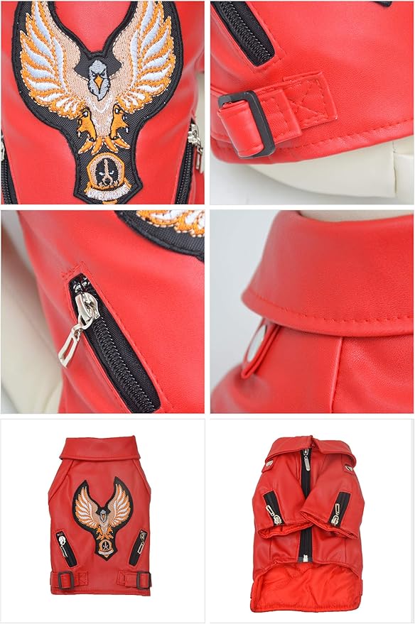 Lovelonglong Cool Dog Leather Jacket, Warm Coats Dogs Windproof Cold Weather Coats for Large Medium Small Dogs with Eagle Embroidery Red L-S