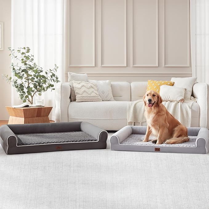 Orthopedic XL Dog Beds, Waterproof Pet Bed for Extra Large Dogs, Non-Slip Bottom and Egg-Crate Foam Large Pet Couch Sofa with Washable Removable Cover, Light Grey