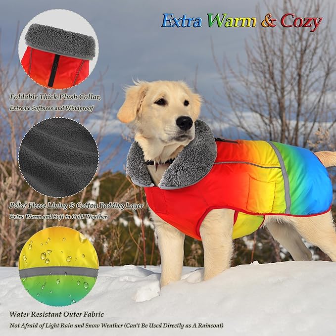 Dogcheer Warm Dog Coat, Waterproof Dog Winter Jacket Christmas Puppy Cold Weather Coats with Buckle, Reflective Adjustable Pet Snow Jacket for Small Medium Large Dogs - Gradient Red-Yellow, L
