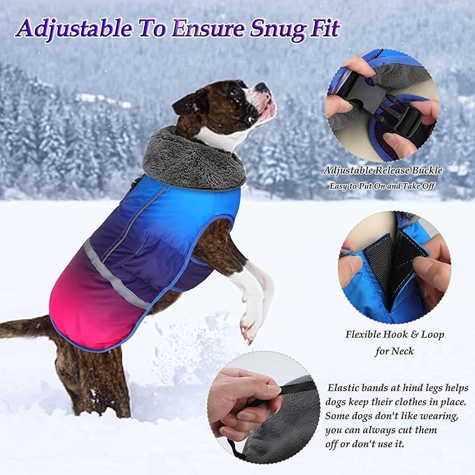 Dogcheer Warm Dog Coat, Waterproof Dog Winter Jacket Christmas Puppy Cold Weather Coats with Buckle, Reflective Adjustable Pet Snow Jacket for Small Medium Large Dogs - Gradient Blue-red, 2XL
