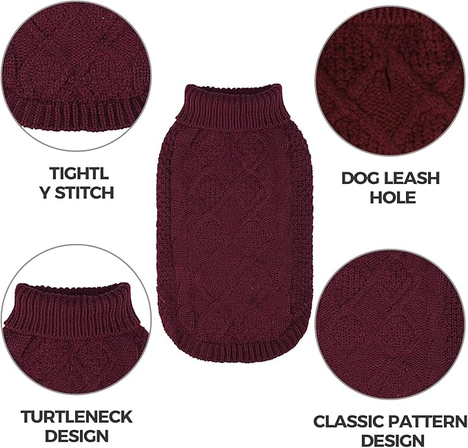 Mihachi Turtleneck Dog Sweater - Winter Coat Apparel Classic Cable Knit Clothes with Leash Hole for Cold Weather, Ideal Gift for Pet in New Year Wine Red ML