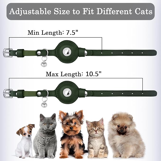 OOPSDOGGY Cat Collar for AirTag Holder, Leather Kitten Collars with Elastic Strap & Bell, Non Breakaway Adjustable Small Pet Collars for Indoor & Outdoor for Boy, Girl (Green)