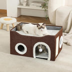 Large Cat Bed for Indoor Cats, Extra Wide Cat Cave House with Scratch Pad and Fluffy Ball, Foldable Cat Hideaway for Kitten Bed, Cat Condo for Cats (Brown, X-Large)