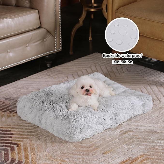 Bedfolks Waterproof Dog Crate Bed, Plush With Removable Washable Cover, Faux Fur Pad for Small Dogs and Cats, Fluffy Kennel 23"x18", Grey