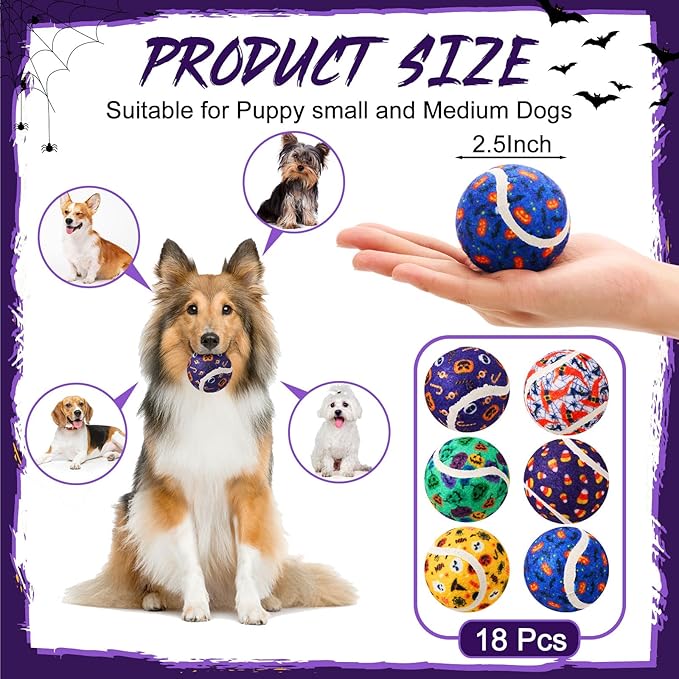 Civaner 18 Pcs Halloween Dog Toys Bulk, 2.5 Inch Squeaky Tennis Balls for Small Medium Large Dogs Pets Puppy Chew Teething Toy Interactive Training Gifts Xmas Stocking Stuffers