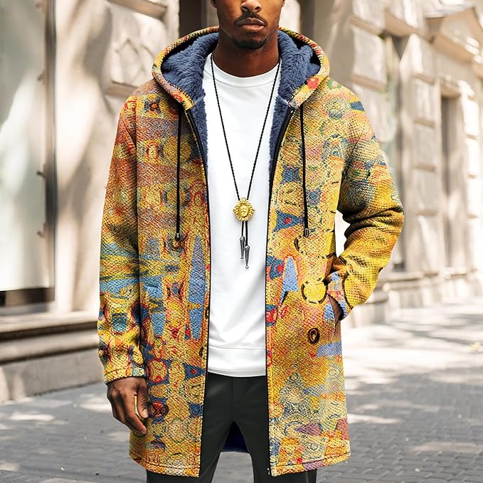 LIZALIG Long Hooded Cardigan Men Japanese Art Style Fashion Cool Graphic Coats Winter Warm Lined Fleece Jacket