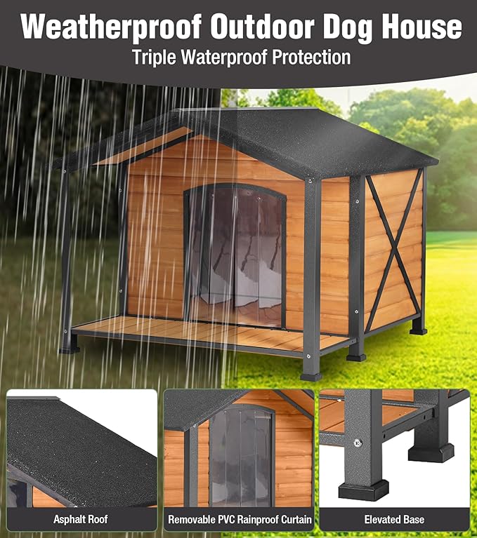 Extra Large Heated Dog House, Outdoor Dog House Insulated for Winter with Heating Pad, Weatherproof Wooden Dog Kennel with Porch, Sturdy Iron Frame & Openable Roof for Easy Cleaning (41.6" L)