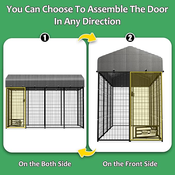 HITTITE 8x4x6 FT Large Outdoor Dog Kennel, Expandable Modular Dog Kennel Outside with Rotate Feeding Door, Heavy Duty Welded Wire Steel Dog Run Dog Playpen Fence with Black Roof Cover for Backyard