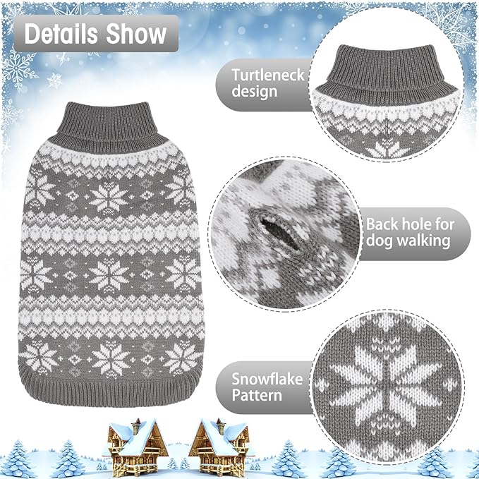 KOOLTAIL Cable Knit Dog Sweater Turtleneck, Cold Weather Pullover Classic Knitwear, Snowflake Pattern Thick Warm Winter Pet Clothes, Dog Christmas Sweater for Small Medium Large Dogs Cats, Grey M