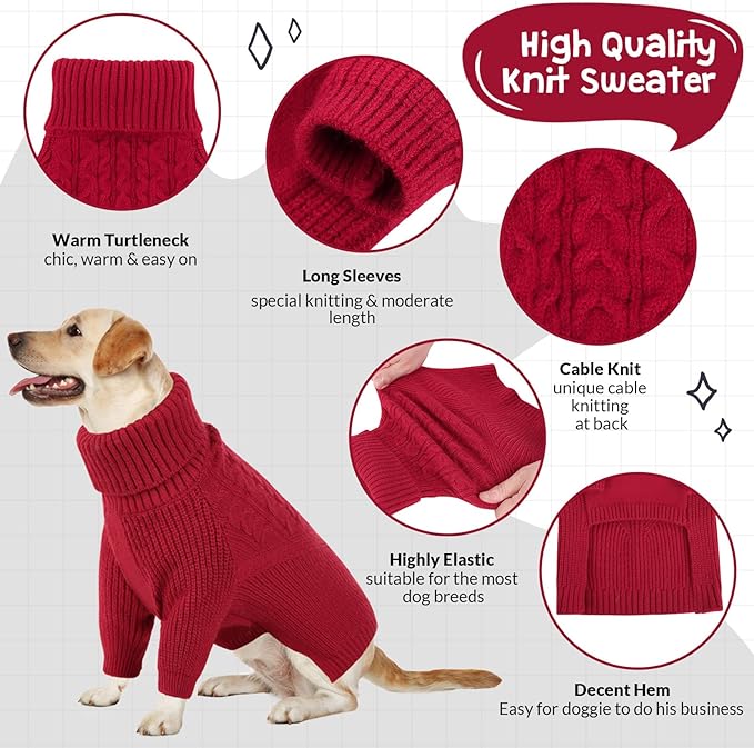 Queenmore XXL Dog Sweater, Dog Sweaters for Large Dogs Girl or Boy, Dog Christmas Sweaters XXL, Winter Big Dog Sweatshirt Knitwear, Pet Chunky Warm Coat for Small Medium Size Dogs, Red XXL