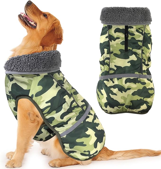 Dogcheer Warm Dog Coat, Waterproof Dog Jacket Reflective Adjustable Puppy Winter Coat with Buckle, Christmas Pet Snow Jacket Turtleneck Fleece Sweater for Small Medium Large Dogs- Camo Green, 3XL