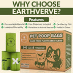Dog & Cat Compostable Poop Bags (240 Counts w/Dispenser) - Plant Based, Enhanced Leak-Resistant, Odor-Resistant & Durable – Unscented,Sustainable Cleanup Solution –10% to Animal Rescue