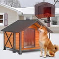 Heated Dog House, Outdoor Dog House Insulated for Winter with Heating Pad, Weatherproof Wooden Dog Kennel with Porch, Iron Frame, Openable Roof & Removable Floor