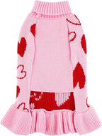 cyeollo Dog Sweaters Dress Valentines Day Dog Clothes Pullover Turtleneck with Leash Hole Heart Pattern Holiday Theme Female Pet Apparel Sweaters for Small Dogs
