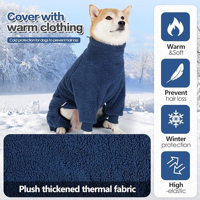 Dog Winter Coat, Warm Fleece Jacket, Windproof Pullover Jumpsuit, Full Body Dog Pajamas Onesie, Cold Weather Clothes for Medium Large Dog(3Xlarge,NavyBlue)