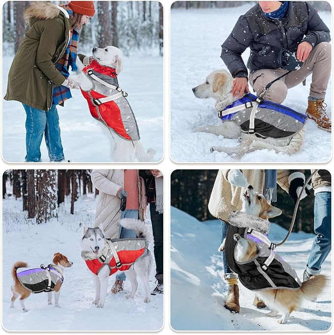 SlowTon Dog Jacket with Harness Built in - Waterproof Fleece Winter Warm Dog Coats for Small Medium Dogs, Reflective Adjustable Furry Puppy Vest Clothes for Outdoor Walking (Red & Black,XL)